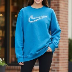 Nike Women’s Oversized Crewneck Sweatshirt XXL Blue Glitter Swoosh Fleece